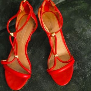 USED👈 BCBG PASSION RED LEATHER SANDAL HEELS size 8.5 offers accepted!
